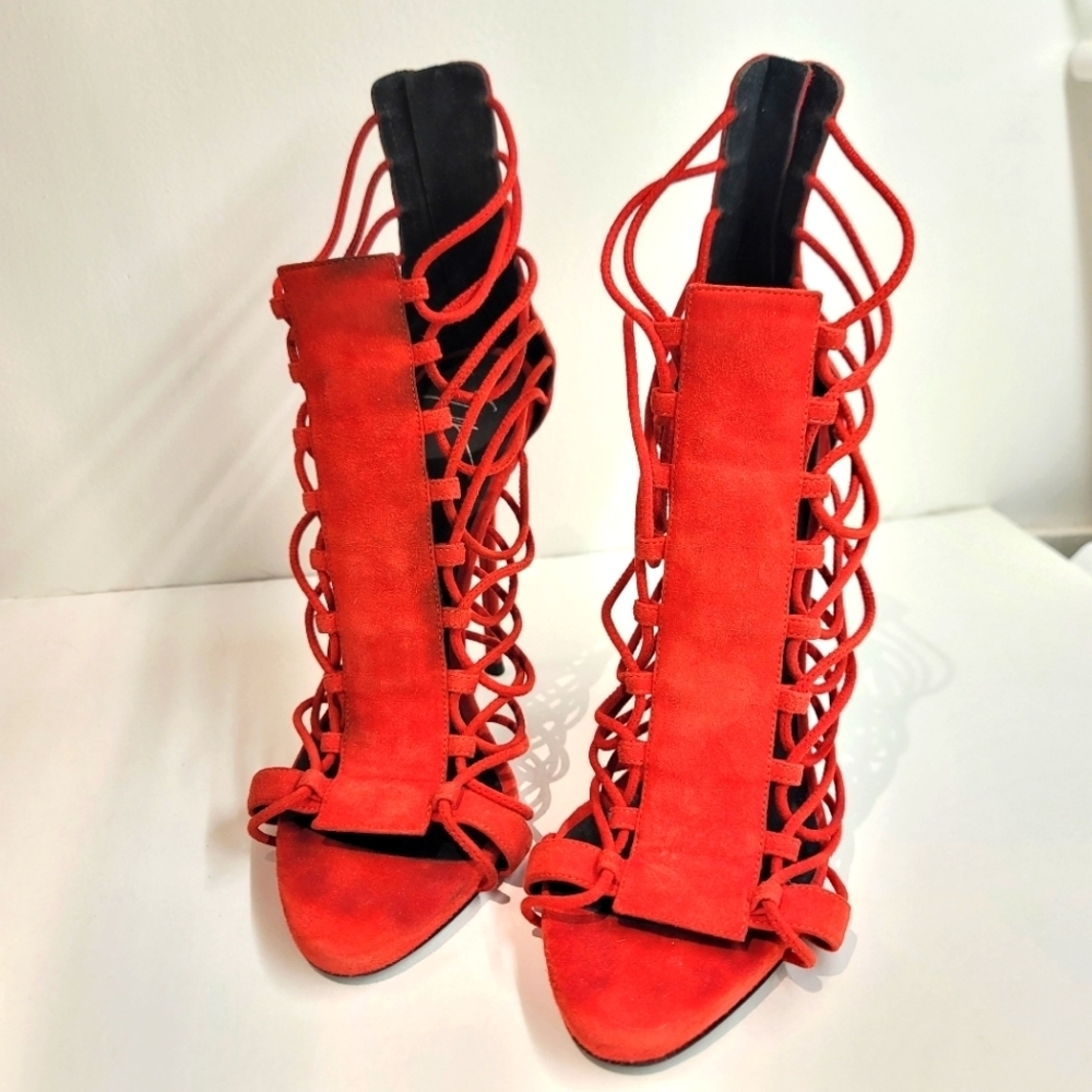 Giuseppe Zanotti Red Strappy Suede Stiletto Heels - Picture 3 of 14